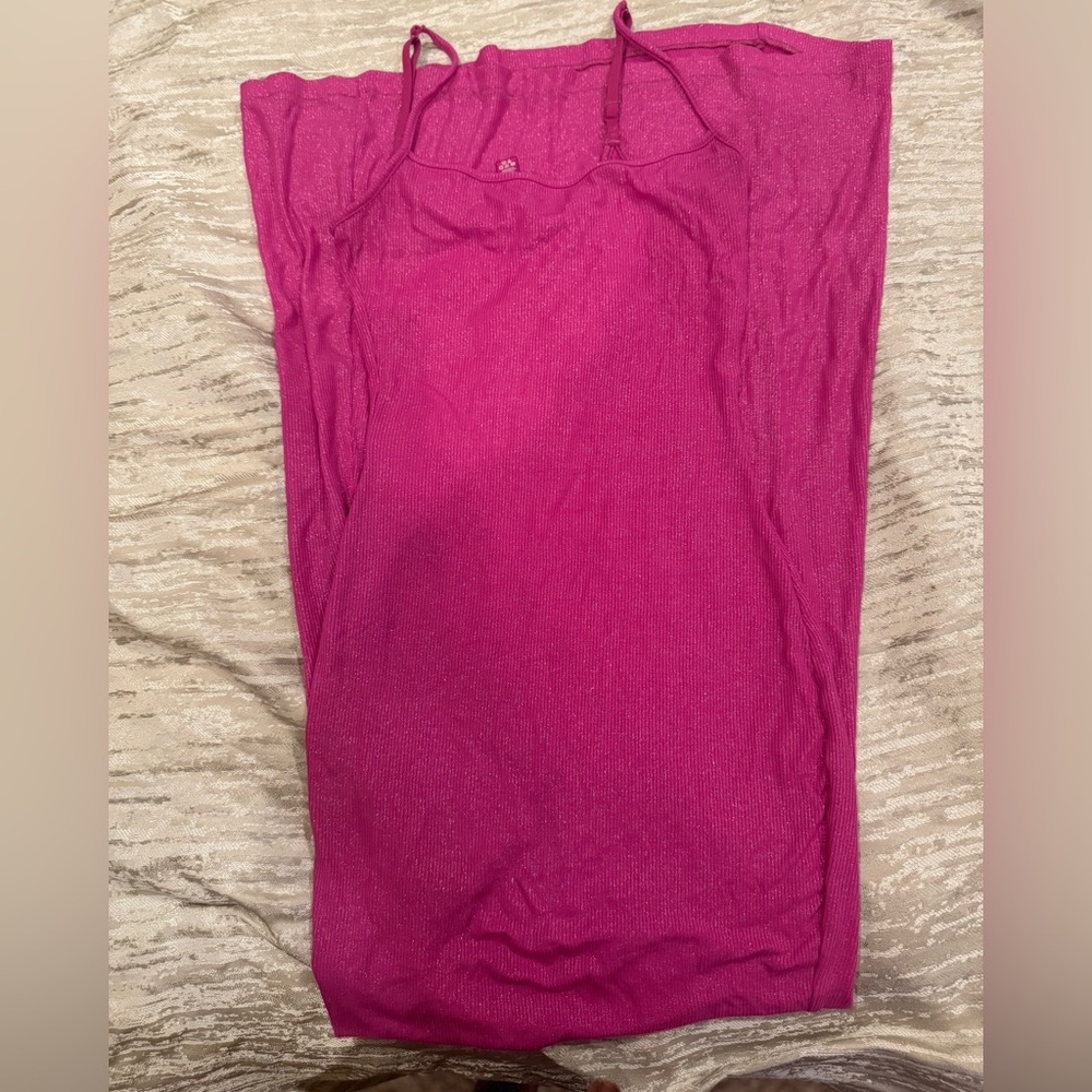 SKIMS Long Soft Lounge Foil Slip dress Size Medium Fuschia Shimmer